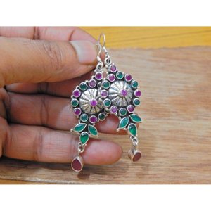 Pendientes Hechos a Mano de Plata de Ley 925 con Esmeralda India, Rubí y Múltiples Piedras, Oro Rosa, Elegante Regalo de Boda para Ella E0672-GS - Product Image 3