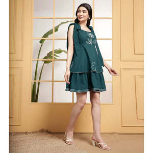 Deebaco Women's Teal Cotton Sleeveless Above Knee A-Line <b>Dress</b> With Floral Embroidery Square Neck <b>Loose</b> Fit Casual Summer Wear - Product Image 5
