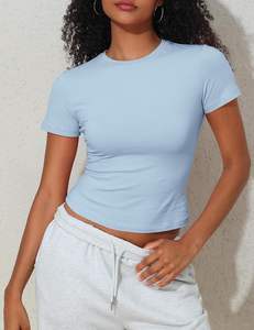 Camiseta de algodón de manga corta para mujer, informal, ligera, suave, a la moda, de color liso, holgada, estilo crop, para uso diario - Product Image 2