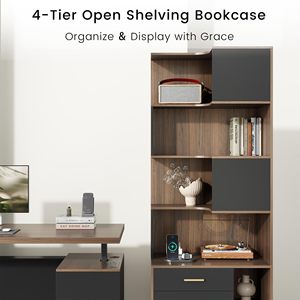 Libreria Angolare a L in Legno di Noce, Scaffale Geometrico Asimmetrico Alto con 3 Cassetti, Vetrina per Ufficio e Casa - Product Image 5