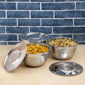 <b>Stainless</b> <b>Steel</b> Customized Design Serving <b>Bowl</b> Set of 3 Pcs with Lid-18cm Party Use Durable & Stackable - Product Image 4