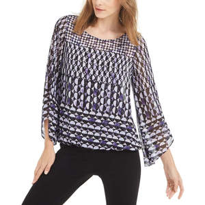 Top da donna Alfani con maniche a angelo stampate, taglia piccola, viola floreale, in chiffon, raso, seta, maglia, casual, per ufficio, feste, autunno - Product Image 1