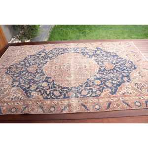 Alfombra Turca Vintage de 5.8x9.4 pies, Alfombra de Lana Azul Sólida - Product Image 3