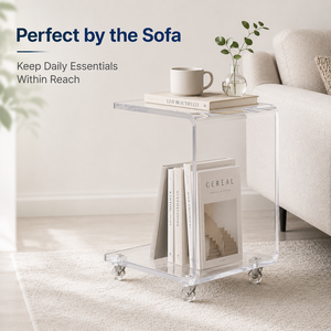Modern Clear Acrylic C Shaped Rolling Side Table with Wheels Transparent Lucite Sofa End Table Mobile Snack Cart for Home - Product Image 4