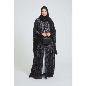 Abaya ouverte de luxe ornée de dentelle florale noire trois pièces - Product Image 5