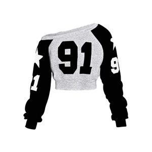 เสื้อสเวตเตอร์สีดำเทาของผู้หญิงเสื้อครอปสตรีทแวร์ผ้าฟลีซพิมพ์ลายไหล่เสื้อสวมหัวผ้าคอตตอนเนื้อนุ่มสีทูโทนปัก3D - Product Image 1