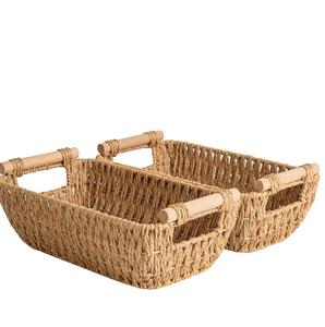 Hand Woven Jute Braided <b>Basket</b> Rectangular Shape With <b>Wooden</b> Handle Ideal for Multipurpose Storage Use Home Kitchen Living Room - Product Image 1