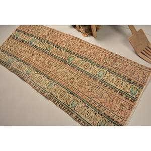 <b>Vintage</b> Turkish Wool <b>Rug</b> Beige & Green 2.8 X 6.5ft Classic Style with Patchwork Design Latex Backing for Bedside Use - Product Image 4