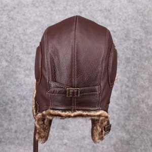 Chapeau aviateur unisexe en cuir de mouton véritable style vintage avec tissu en coton – Accessoire confortable et élégant - Product Image 3