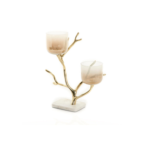 Bougeoir en métal à branches dorées avec double verre votives Base en marbre Pièce maîtresse moderne Décor de table élégant Accent de luxe - Product Image 1