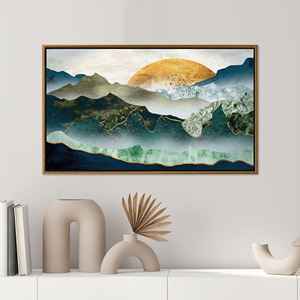 Tableau mural sur toile Golden Sun : vue abstraite sur la montagne, décoration Blue Ridge, toile encadrée dorée - Product Image 1