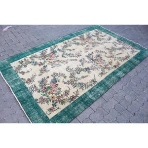 Tapis turc vintage 4,8x7,9 pieds, tapis en laine abstrait vert et blanc - Product Image 3