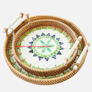 Bandeja de servicio de ratán redonda de alta calidad con Incrustaciones de nácar bandeja de mesa de centro de mimbre decorativa decoración del hogar a la venta - Product Image 3