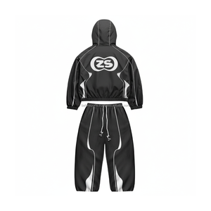 Premium 180 GSM poliéster cortavientos conjunto negro con paneles blancos Transferencia de Calor logotipo personalizado chaqueta recortada y pantalones de talla grande - Product Image 3