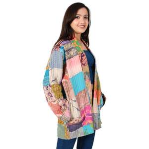 Veste en soie unisexe matelassée, veste longue, manteau veste surdimensionné, vestes recyclées en soie pure crêpe vintage patchwork multicolore - Product Image 3