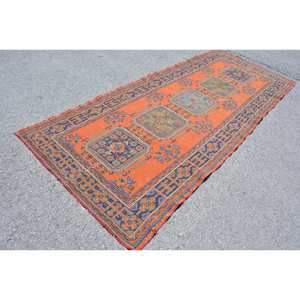 Alfombra turca Vintage azul naranja tradicional 4,7 X 11.3ft Classic Boho Patchwork diseño lana 10mm látex clásico para pasillo - Product Image 2