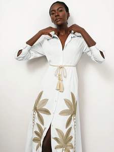 เดรสยาวสไตล์โบฮีเมียนสำหรับผู้หญิงเดรสยาวปานกลางยาวปานกลางผ้าฝ้าย100% แนววินเทจปักลายชุดทำงาน - Product Image 5