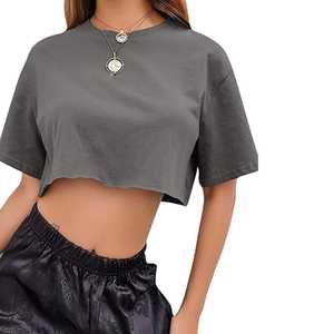 Camisetas de gran tamaño recortadas de algodón personalizadas para mujer, ropa de calle de alta calidad deportiva para gimnasio, camisetas cortas grises con serigrafía informal - Product Image 5