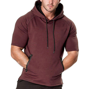 Sweats à capuche de gymnastique à manches courtes en gros décontracté ample été couleur unie haut musculation demi manches coupe serrée à capuche - Product Image 1