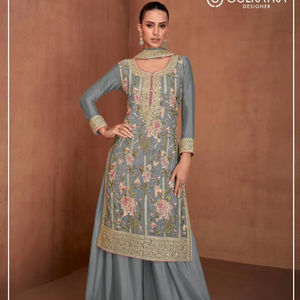 ชุดเสื้อผ้าชิ้นบนและพาลาซโซชาราทำจากผ้าไหมจากผ้าอินเดียและปากีสถาน - Product Image 6