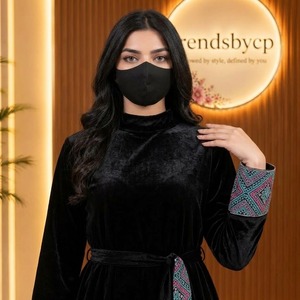 Luxury Designer <b>Black</b> Velvet Modest Abaya <b>Kaftan</b> Dress | Premium Micro-Velvet Long Maxis Solid Embroidered Cuffs | Trendsbycp - Product Image 2
