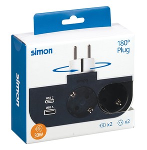 Rotating <b>adapter</b> with 2 sockets + <b>USB</b> and <b>USB</b>-C <b>Plug</b> III 16A 250V (Simon CL610311) - Product Image 1