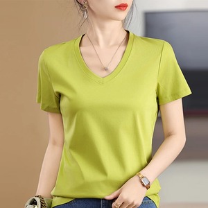 Camiseta básica de algodón para mujer, 100% algodón, manga corta, cuello en V, ajuste holgado, ecológico, negro, blanco, verano, moda informal - Product Image 1