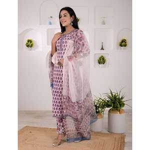 Conjunto de Kurta y Pantalón de Algodón con Estampado de Bloques Rosa, Estilo de Ropa Americana - Product Image 5