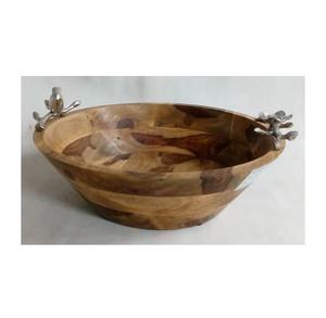 Bol en bois d'acacia, prix de gros, bol de service en bois d'acacia pour salades, bol en bois de fruits avec poignée de conception de fleur en laiton - Product Image 4