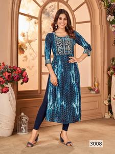 Dernière collection Fancy Heavy Rayon Festive Wear Kurtis Naira Cut avec Shibori Foil Prints - Product Image 4