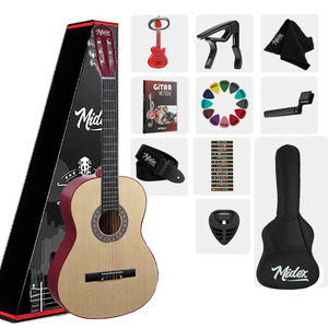 36 Inch 3/4 Junior Classical Guitar Kit for Kids Ages 8-12 Spruce Top with Bag Capo Strap Picks Method Book | Midex CG-36NT - Product Image 1