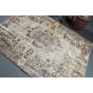 Tapis turc vintage en laine beige brun classique 5,3 x 7 pieds, écologique, poil moyen, motif patchwork, support en latex, utilisation en salle à manger - Product Image 4