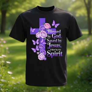 T-shirt Promozionale Cristiana con Croce e Farfalla: Benedetto da Dio, Salvato da Gesù - Product Image 3