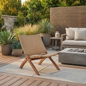Chaise de jardin pliante en teck naturel avec assise en toile tressée, chaise longue pour terrasse, aménagement de terrasse, design décoratif pur et artistique - Product Image 4