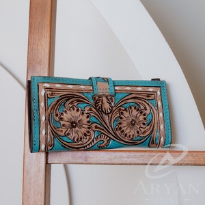 Cartera cruzada de cuero con herramientas a mano occidental, monedero de cuero genuino de alta calidad, Cartera de lujo de piel de vaca Floral turquesa para mujer - Product Image 5