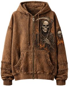 Sweat à capuche gothique personnalisé en denim délavé brun avec impression de chèvre du diable au dos, molleton lourd, streetwear, sweat à capuche zippé, look vintage personnalisé - Product Image 1