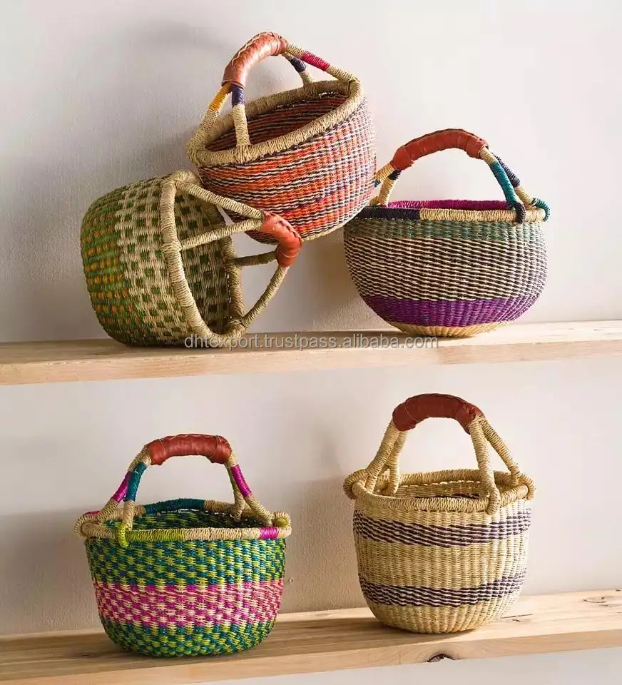 Natural woven cheap high quality colorful seagrass bolga basket African style handmade baskets DHT Handicraft