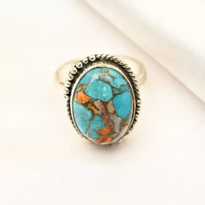 Hermoso bohemio de moda 925 Plata de Ley 10x14mm anillo ovalado Natural ostra cobre turquesa piedra preciosa joyería fina para mujer - Product Image 3