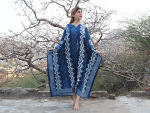 Eco-friendly 100% Cotton Kaftan Elegant Indigo Waves Print Comfortable Midi-Length Lounge Wear Hand Block Printed <b>Casual</b> <b>Dress</b> - Product Image 3