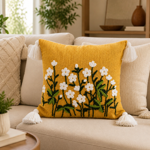 Cojín Decorativo Bordado a Mano con Flores de Algodón, Color Amarillo Mostaza, con Borlas, para Sala de Estar - Product Image 3