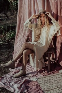 Women's Boho Button Midi Dress Shamanic Beige with Fringed Detail Natural Pattern and <b>Belt</b> Decoration for Autumn <b>Festivals</b> - Product Image 2