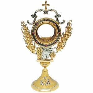 Monstrance en laiton tendance avec finition dorée, forme ronde, design en relief, excellente qualité avec incrustation de perles pour l'affichage - Product Image 4