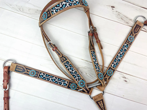 Juego de arreos de cuero repujado con cuentas de leopardo azul, cabezada y pechera para caballo estilo western, tallas completo/cob, equipo de equitación personalizado - Product Image 4