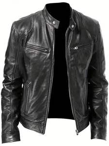 <b>Top</b> Quality Men's Leather Jacket with Stand Collar Solid Color and Front Logo Best Material for Winter Plain Dyed - Product Image 6