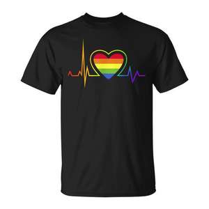 Camiseta LGBT con Diseño de Latido de Corazón, EKG, Bandera Arcoíris, Negra, Talla Mediana, Unisex, Cuello Redondo, Manga Corta, Promocional para Adultos - Product Image 1