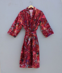 Kimono de terciopelo de algodón 100% para mujer, bata de verano, invierno, Floral, con cuello en V, cinturón, albornoz, Maxi vestido indio hecho a mano - Product Image 1