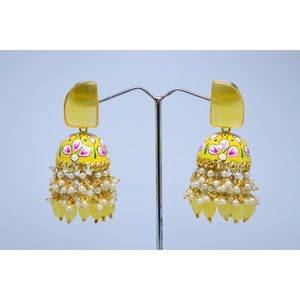 Boucles d'oreilles dorées classiques, pièces, partywear meenakari, longues perles en laiton, jhumki avec clou en pierre, pour filles et femmes - Product Image 1