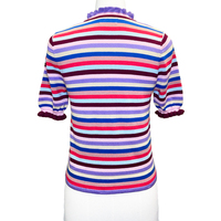 Pull-over en coton fin tricoté personnalisé pour femme SS23, col rond, motif uni, manches courtes bouffantes à volants, logo frontal, décontracté