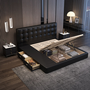 Vintage Style Fuge Genuine Leather Modern Storage Solid Teak Wood Luxury Foldable Soft <b>Bed</b> <b>Double</b> <b>Bed</b> - Product Image 1