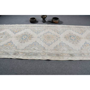 <b>Vintage</b> Turkish <b>Rug</b> 4.8 X 12.6ft Handmade Beige Blue Wool with Plush Pile Height Rectangular Abstract Pattern for Bedroom - Product Image 3